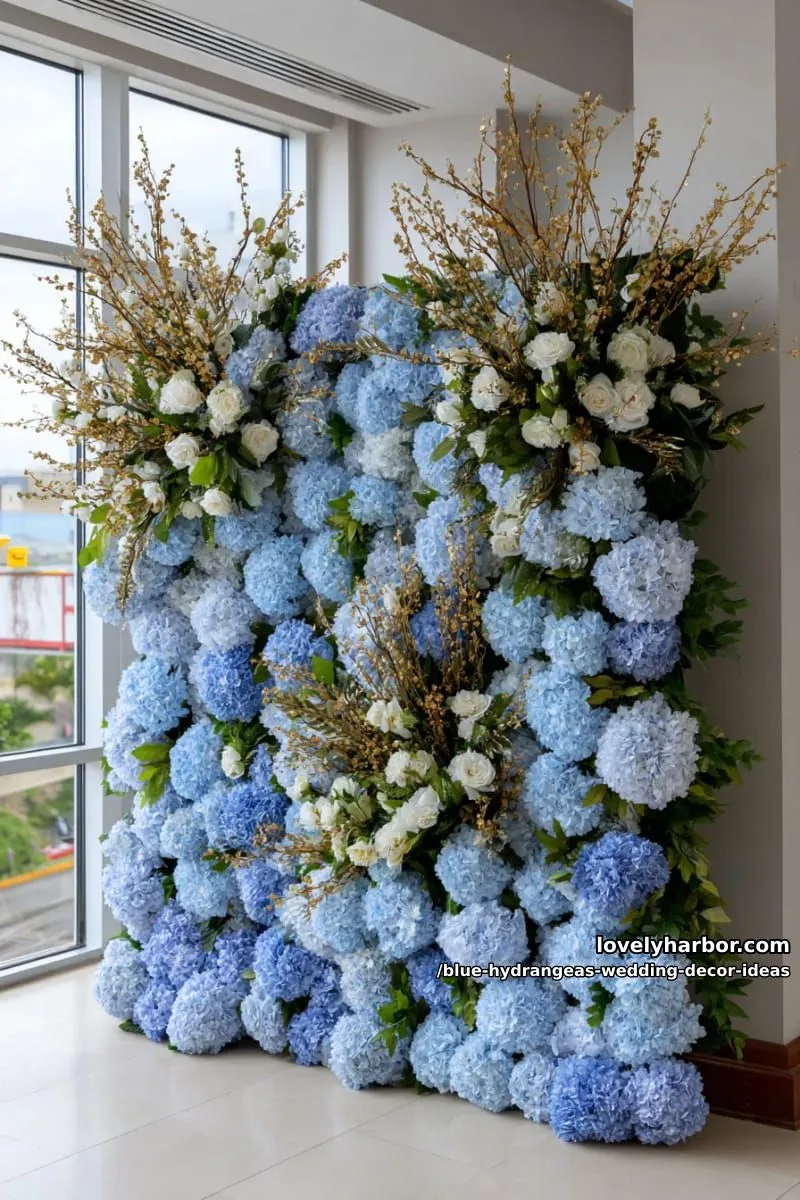 blue hydrangea flower wall with gold accents for photo backdrop 1