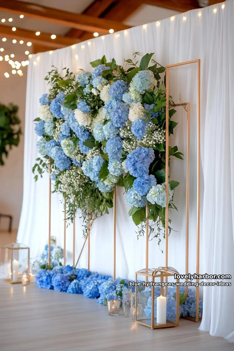 blue hydrangea flower wall with gold accents for photo backdrop 1
