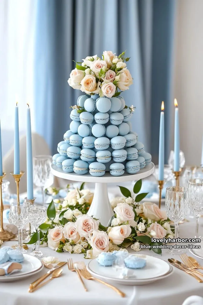 blue macaron tower centerpiece surrounded by pale blue candles 1