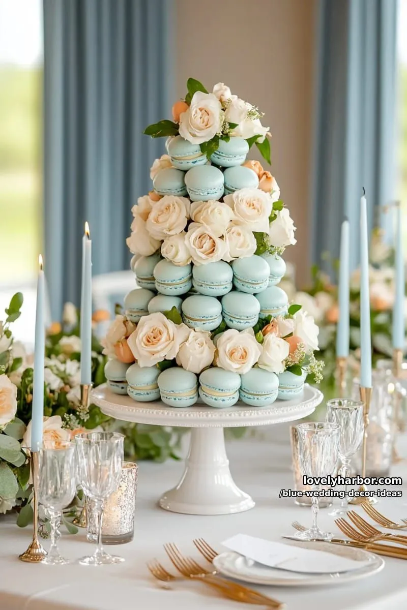 blue macaron tower centerpiece surrounded by pale blue candles 1