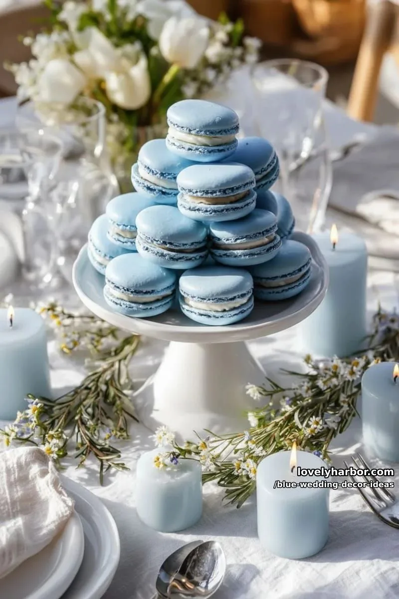 blue macaron tower centerpiece surrounded by pale blue candles 1