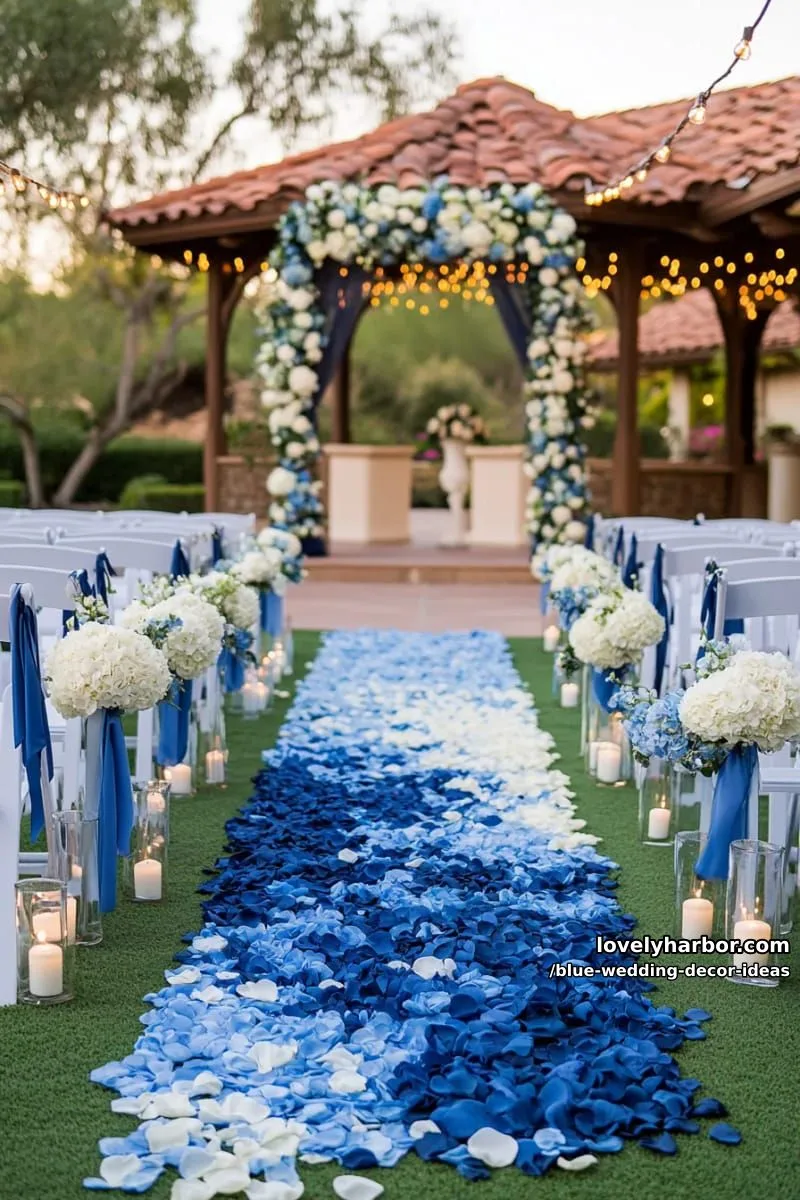 blue ombré floral aisle runners lined with white rose petals 1