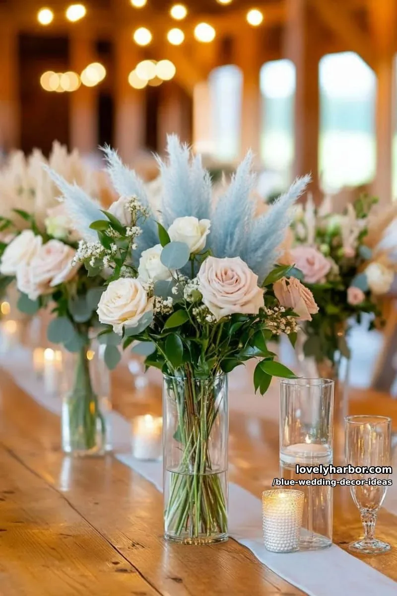 blue pampas grass arrangements mixed with ivory roses for rustic chic 1