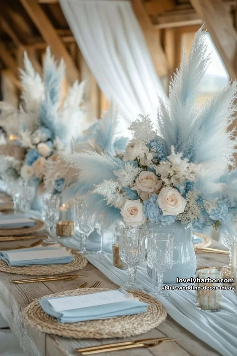 blue pampas grass arrangements mixed with ivory roses for rustic chic 1