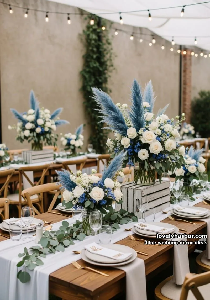 blue pampas grass arrangements mixed with ivory roses for rustic chic 1