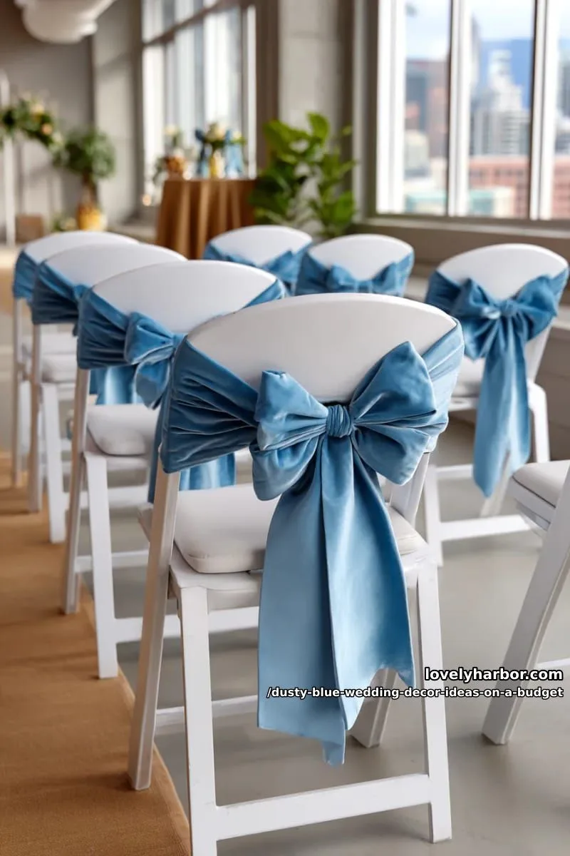 blue velvet ribbon tied around folding chairs for elegant seating 1