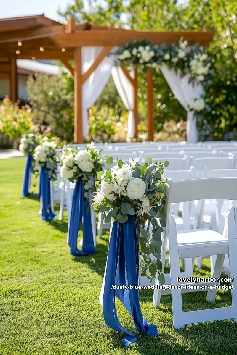 blue velvet ribbon tied around folding chairs for elegant seating 1
