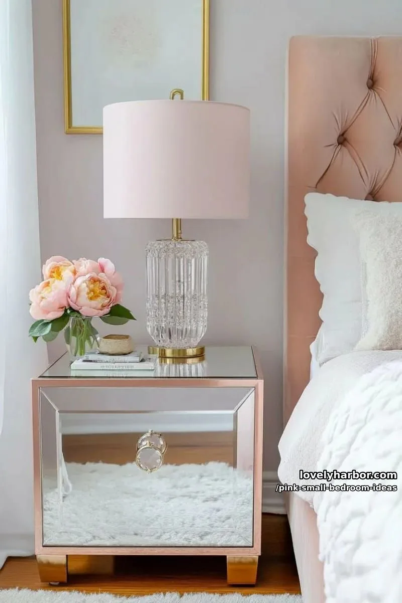 21 Pink Small Bedrooms Ideas You'll Love 43 blush pink statement lamp with a crystal base on a mirrored nightstand 1