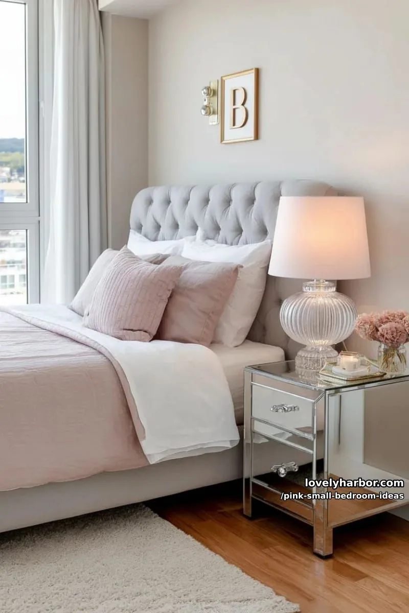 21 Pink Small Bedrooms Ideas You'll Love 44 blush pink statement lamp with a crystal base on a mirrored nightstand 1
