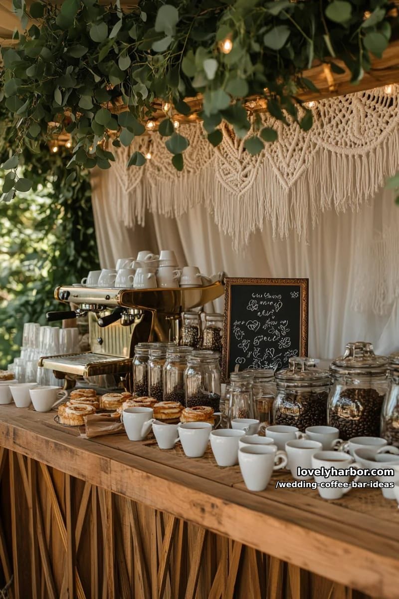 boho coffee bar with macramé accents and hanging greenery overhead 1