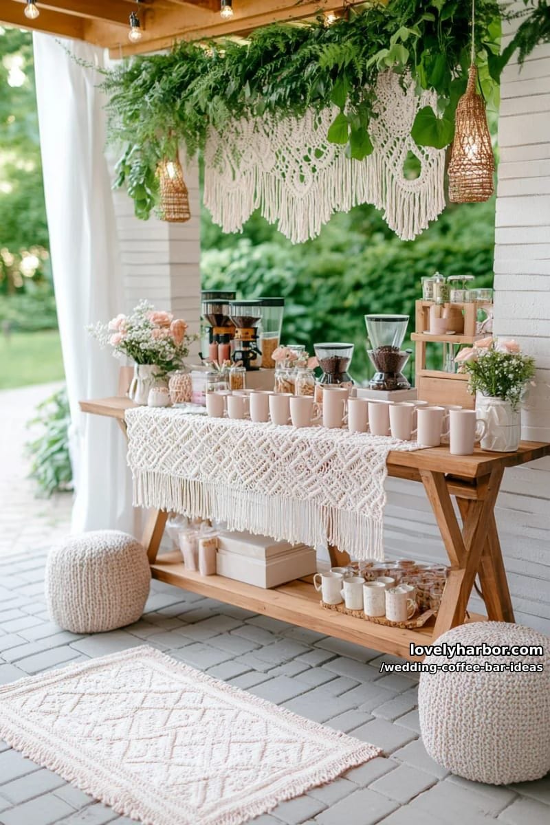 boho coffee bar with macramé accents and hanging greenery overhead 1