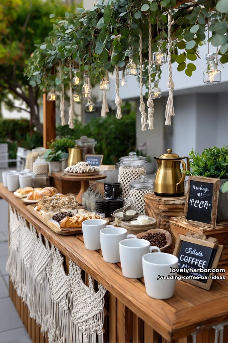 boho coffee bar with macramé accents and hanging greenery overhead 1