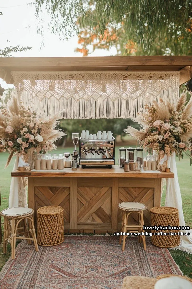 boho-inspired espresso bar under a macrame canopy with pampas grass accents 1