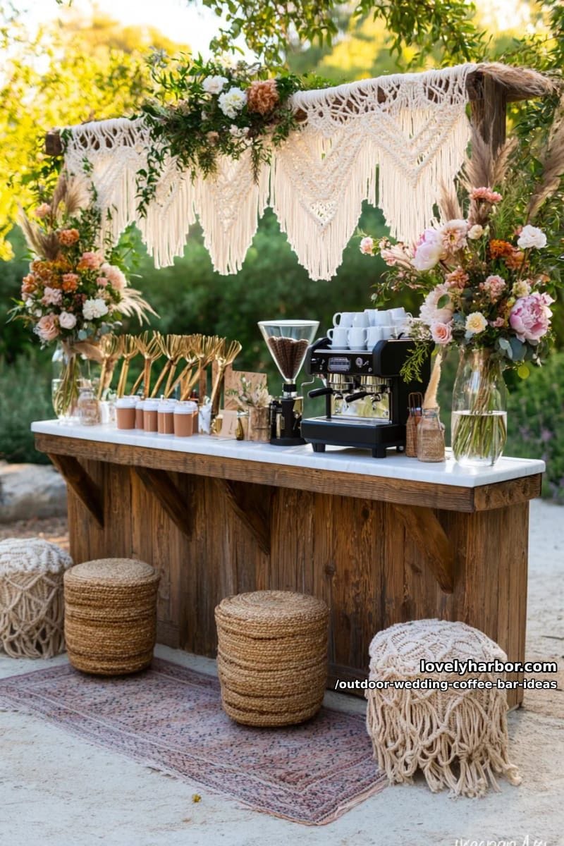 boho-inspired espresso bar under a macrame canopy with pampas grass accents 1