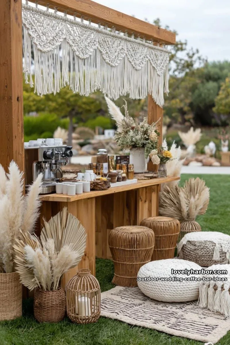boho-inspired espresso bar under a macrame canopy with pampas grass accents 1