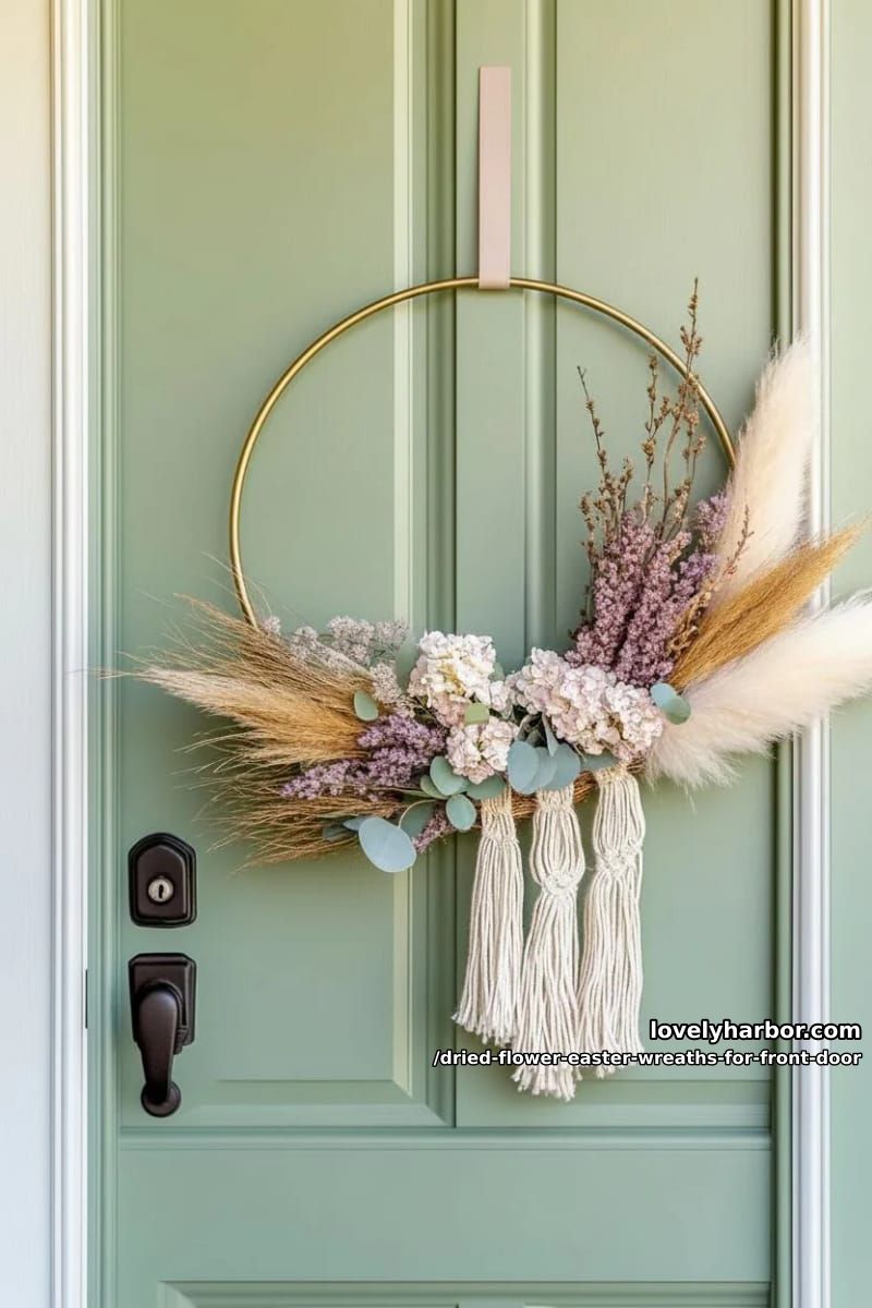 boho-inspired hoop wreath with feathery grasses, pastel blooms, and macramé details 1