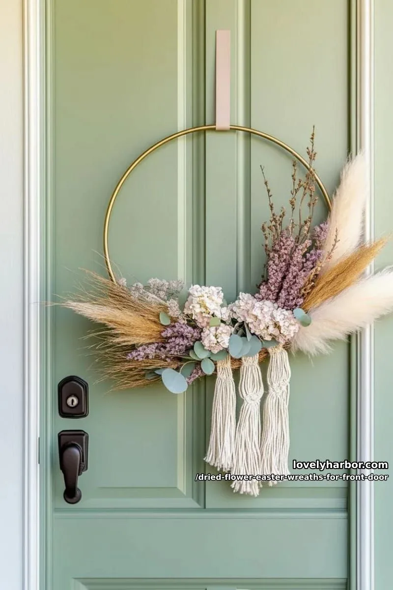 boho-inspired hoop wreath with feathery grasses, pastel blooms, and macramé details 1