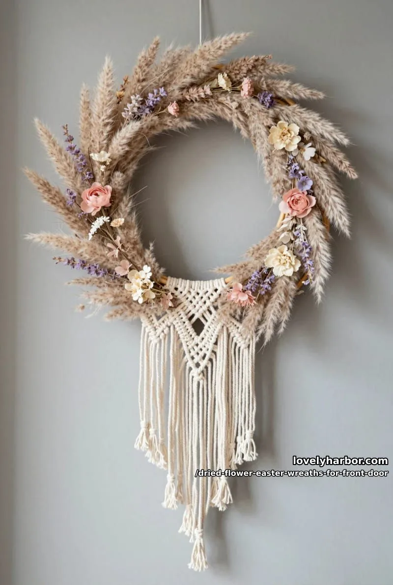 boho-inspired hoop wreath with feathery grasses, pastel blooms, and macramé details 1