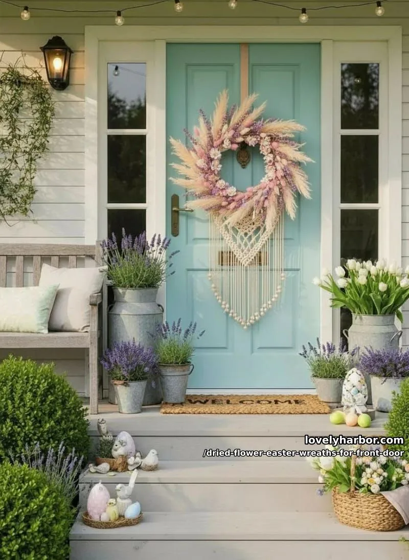 boho-inspired hoop wreath with feathery grasses, pastel blooms, and macramé details 1