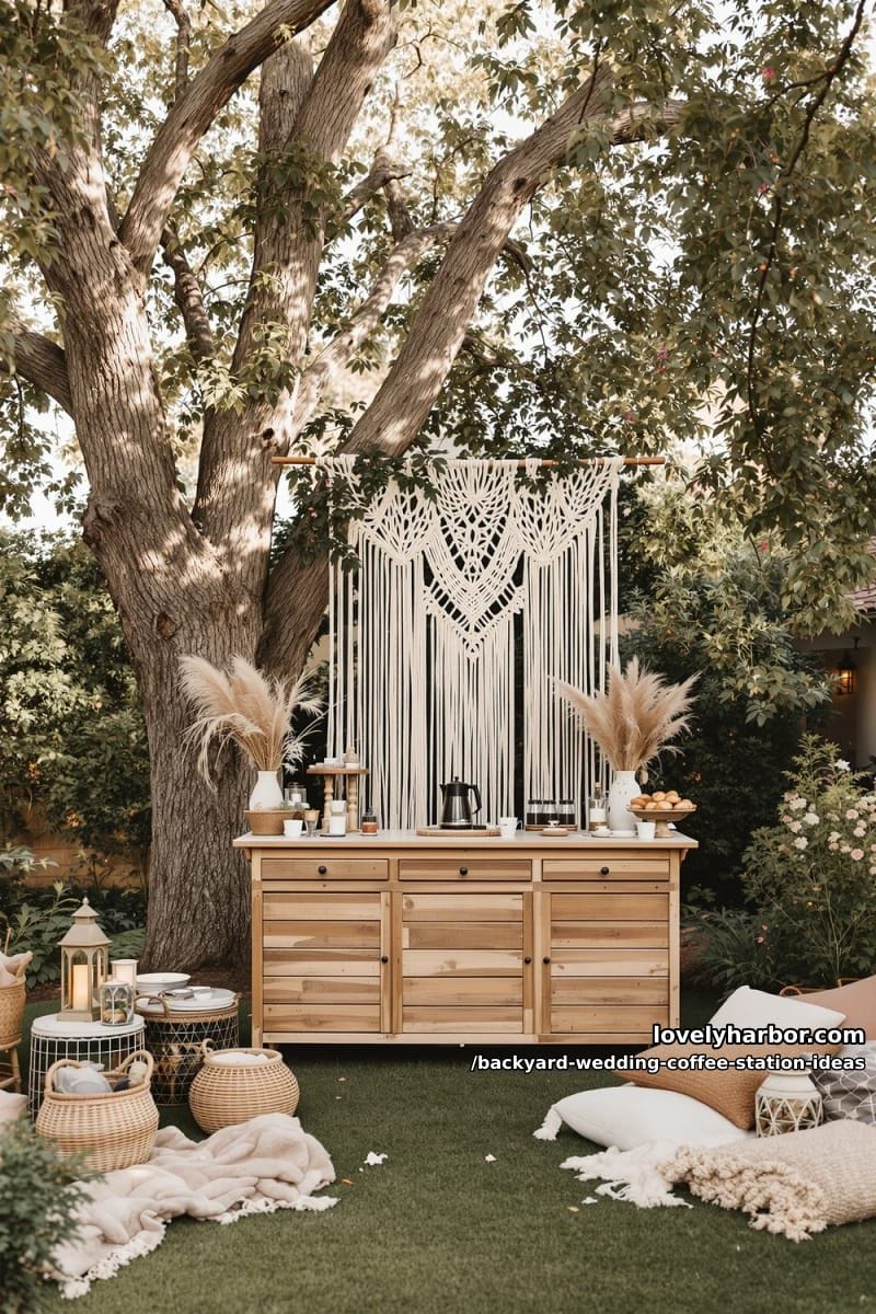 boho-inspired macramé backdrop behind a natural wood coffee station 1