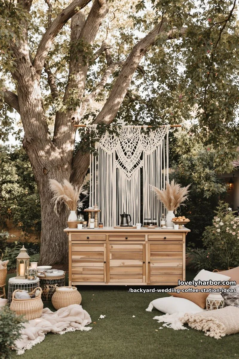 15 Backyard Wedding Coffee Station Ideas For Your Reception 10 boho-inspired macramé backdrop behind a natural wood coffee station 1