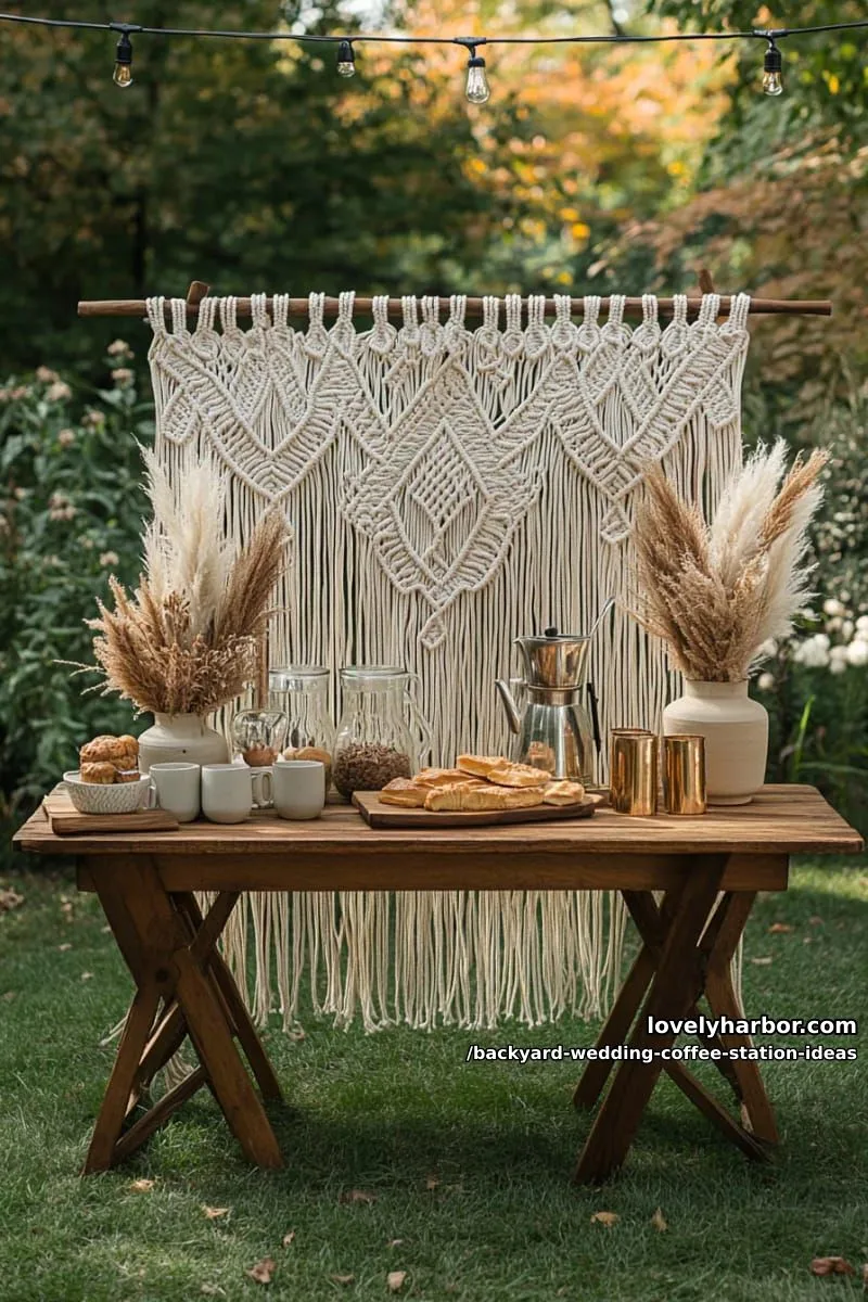 15 Backyard Wedding Coffee Station Ideas For Your Reception 11 boho-inspired macramé backdrop behind a natural wood coffee station 1