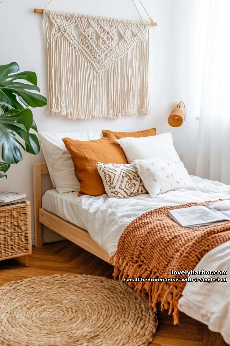 boho-inspired single bed with macrame wall hanging and woven baskets for storage. 1