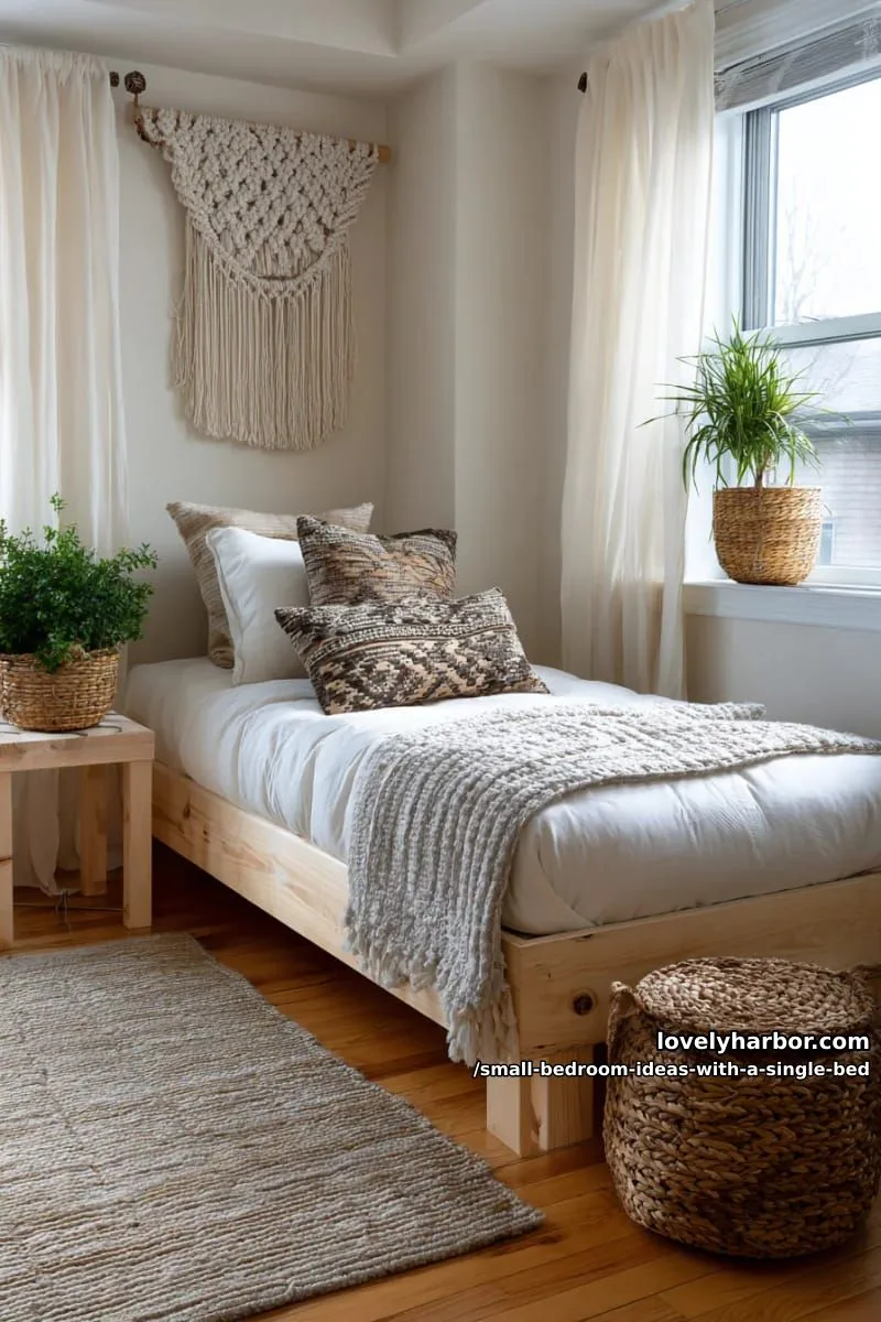 boho-inspired single bed with macrame wall hanging and woven baskets for storage. 1