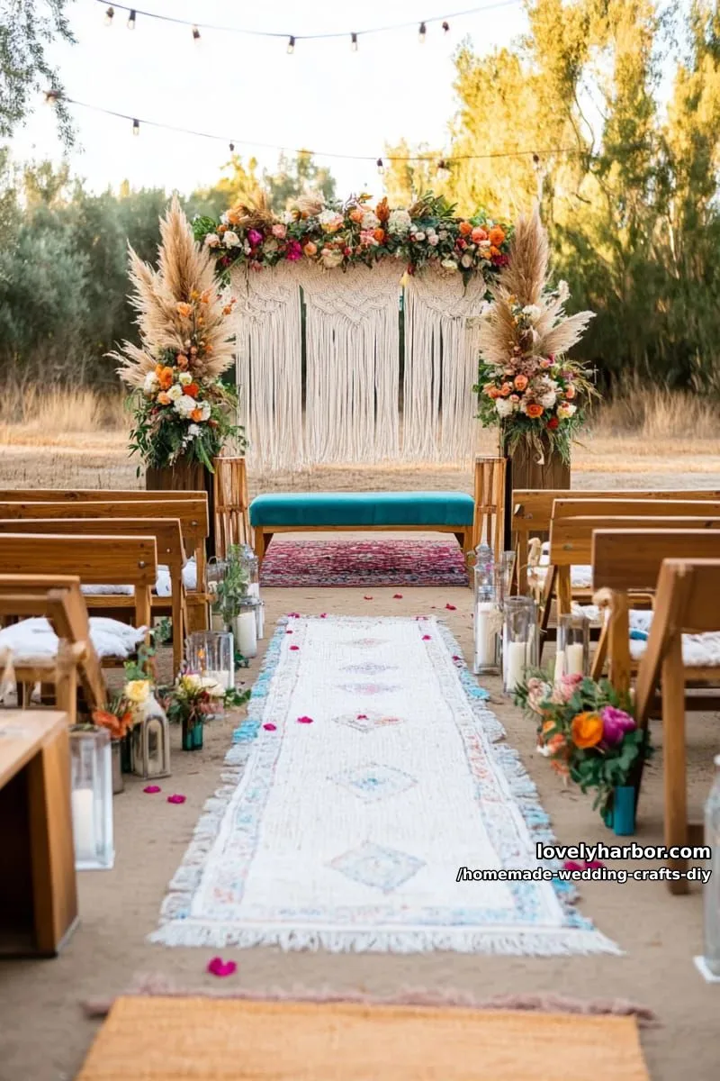 19 Homemade Wedding Crafts DIY To Wow Your Guests 12 boho macramé backdrop with dried pampas grass and handmade tassels 1