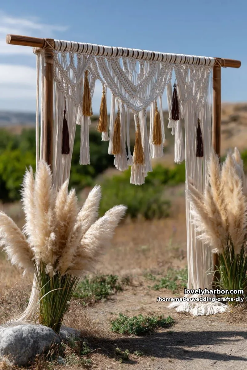 19 Homemade Wedding Crafts DIY To Wow Your Guests 13 boho macramé backdrop with dried pampas grass and handmade tassels 1