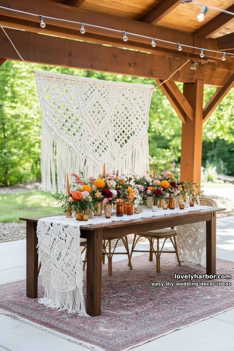 boho macramé curtain behind sweetheart table with string lights woven through 1