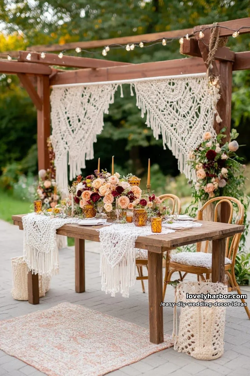 15 Easy DIY Wedding Decor Ideas for a Chic Wedding Set 27 boho macramé curtain behind sweetheart table with string lights woven through 1