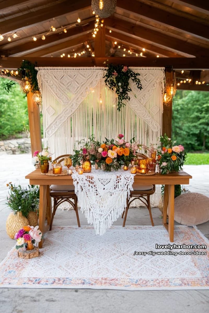 boho macramé curtain behind sweetheart table with string lights woven through 1