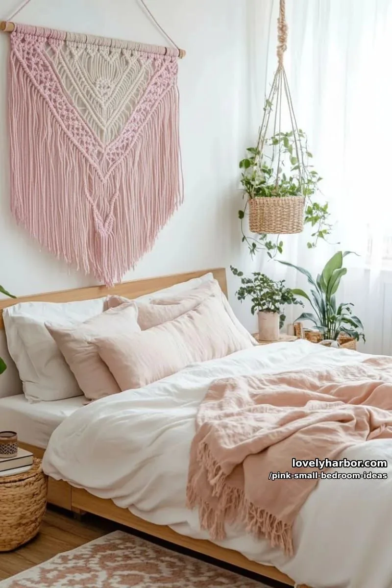 21 Pink Small Bedrooms Ideas You'll Love 28 boho macramé wall hanging in peachy-pink shades above the headboard 1