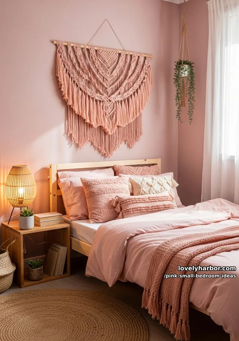 21 Pink Small Bedrooms Ideas You'll Love 29 boho macramé wall hanging in peachy-pink shades above the headboard 1