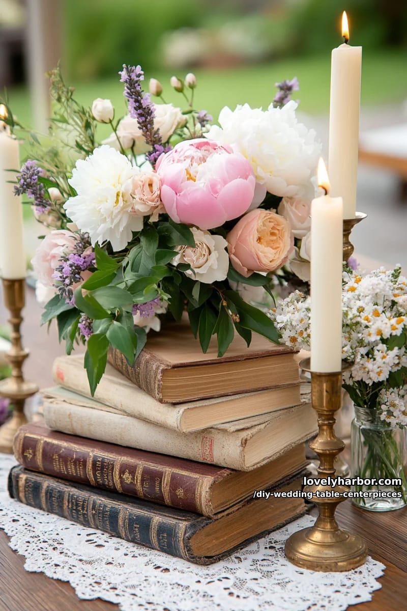 books stacked with wildflowers and taper candles for vintage romance 1