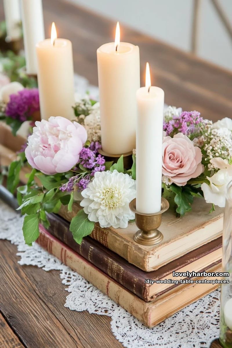 books stacked with wildflowers and taper candles for vintage romance 1