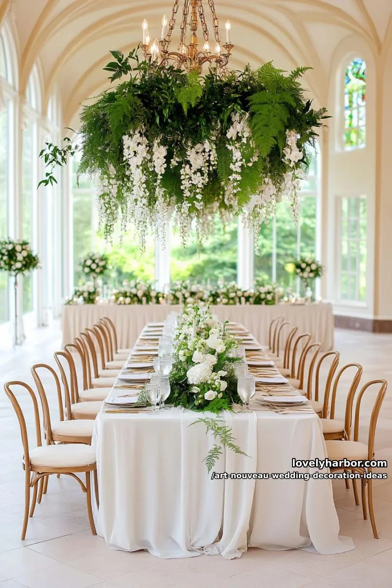 botanical chandelier with cascading ferns and white wisteria 1