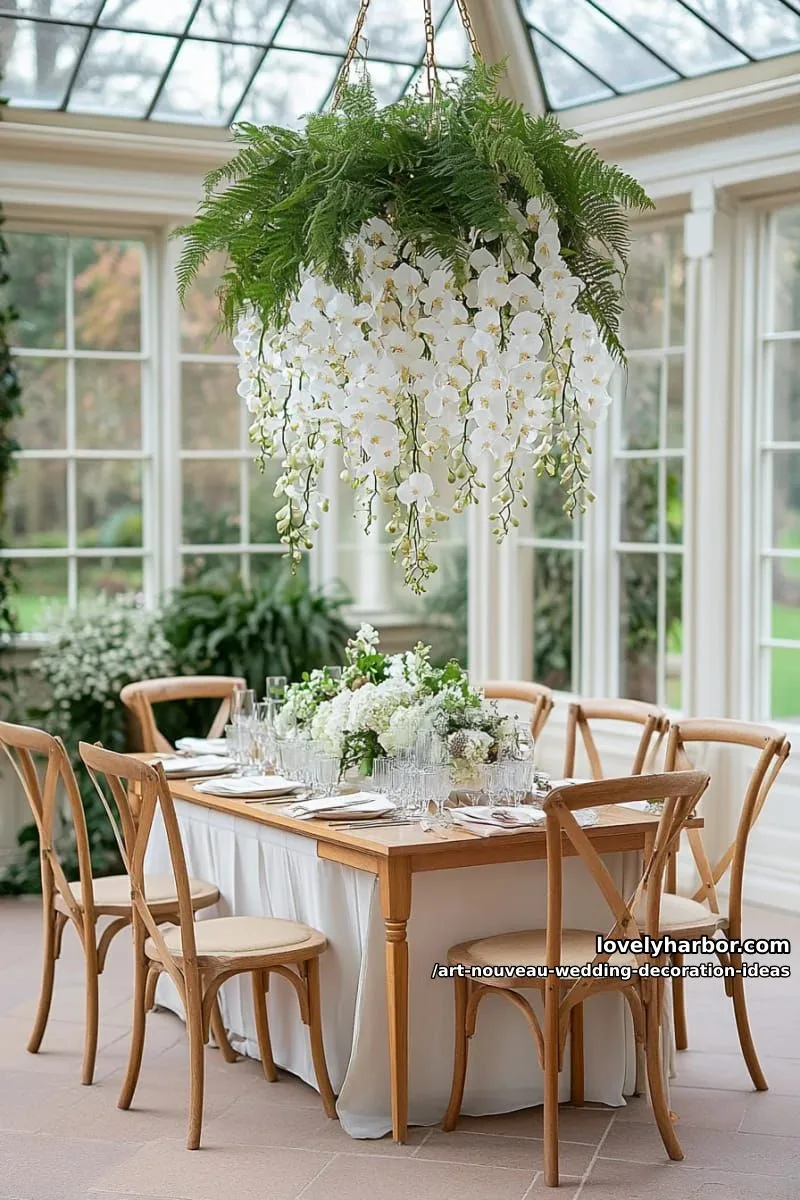 botanical chandelier with cascading ferns and white wisteria 1