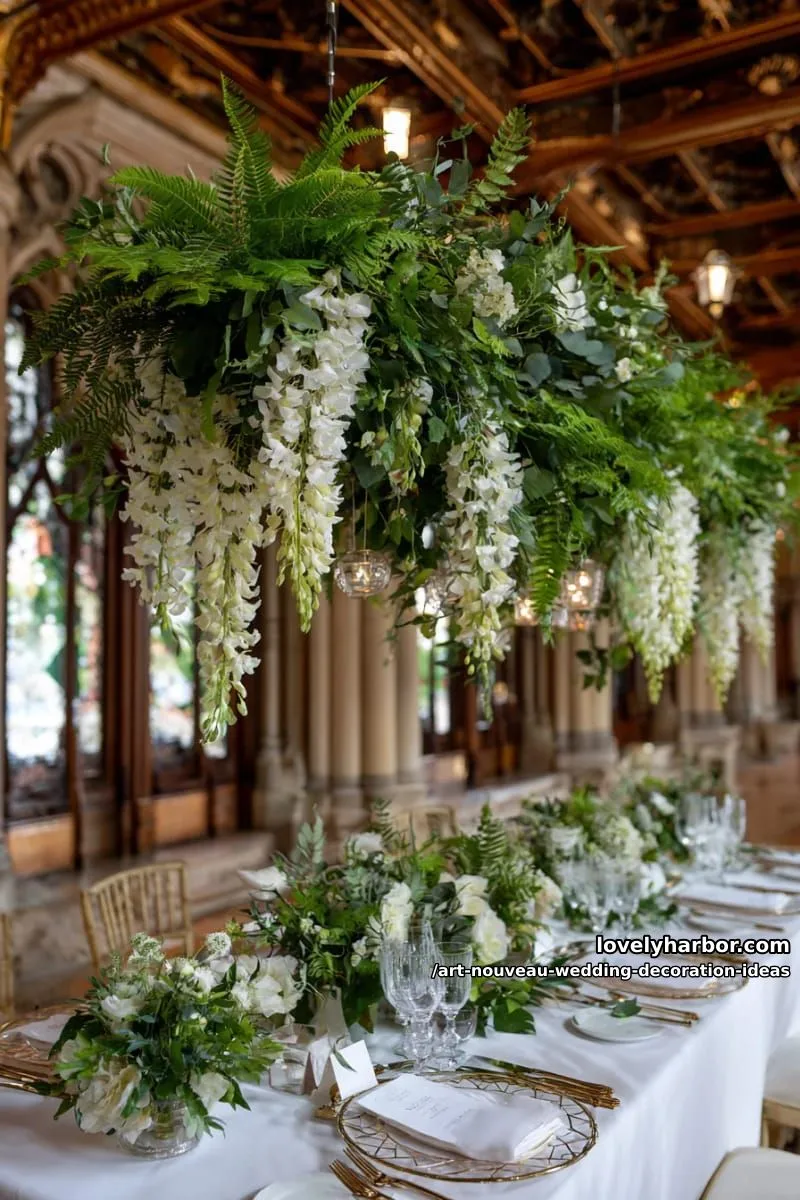 botanical chandelier with cascading ferns and white wisteria 1