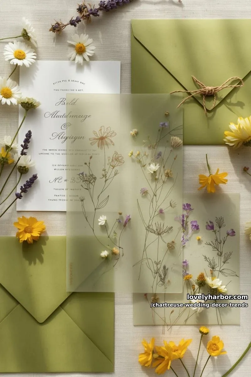 15 Chartreuse Wedding Decor Trends You Should Try 32 botanical chartreuse invitation suite featuring hand-pressed wildflowers 1