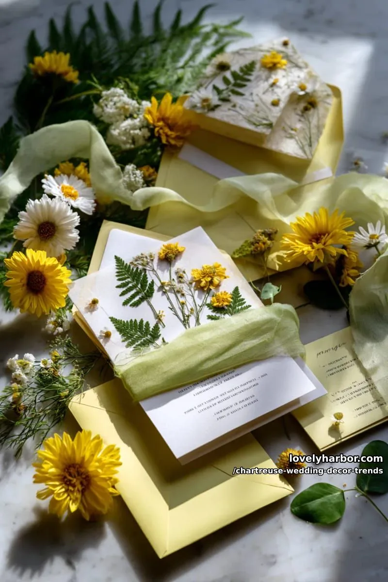 15 Chartreuse Wedding Decor Trends You Should Try 33 botanical chartreuse invitation suite featuring hand-pressed wildflowers 1