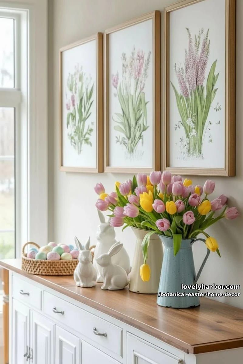 botanical wall art paired with blooming tulip bouquets in vintage pitchers 1