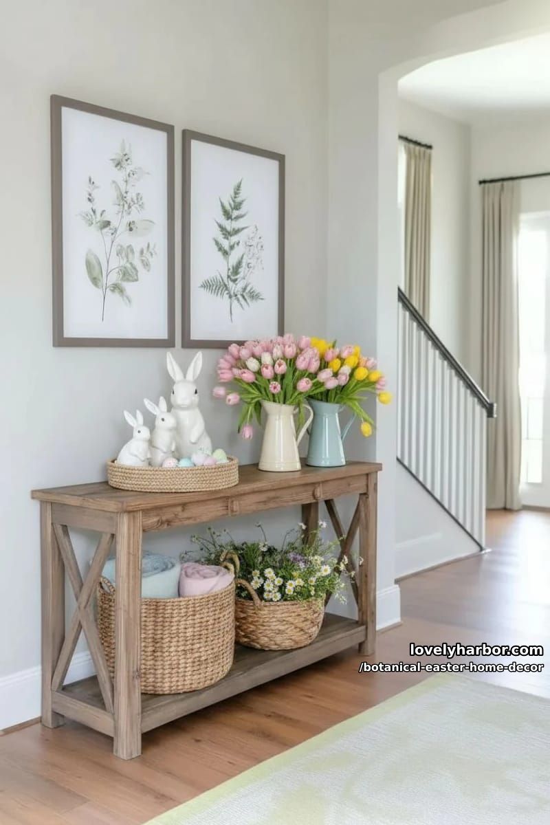 botanical wall art paired with blooming tulip bouquets in vintage pitchers 1