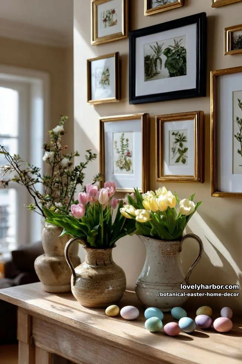 botanical wall art paired with blooming tulip bouquets in vintage pitchers 1
