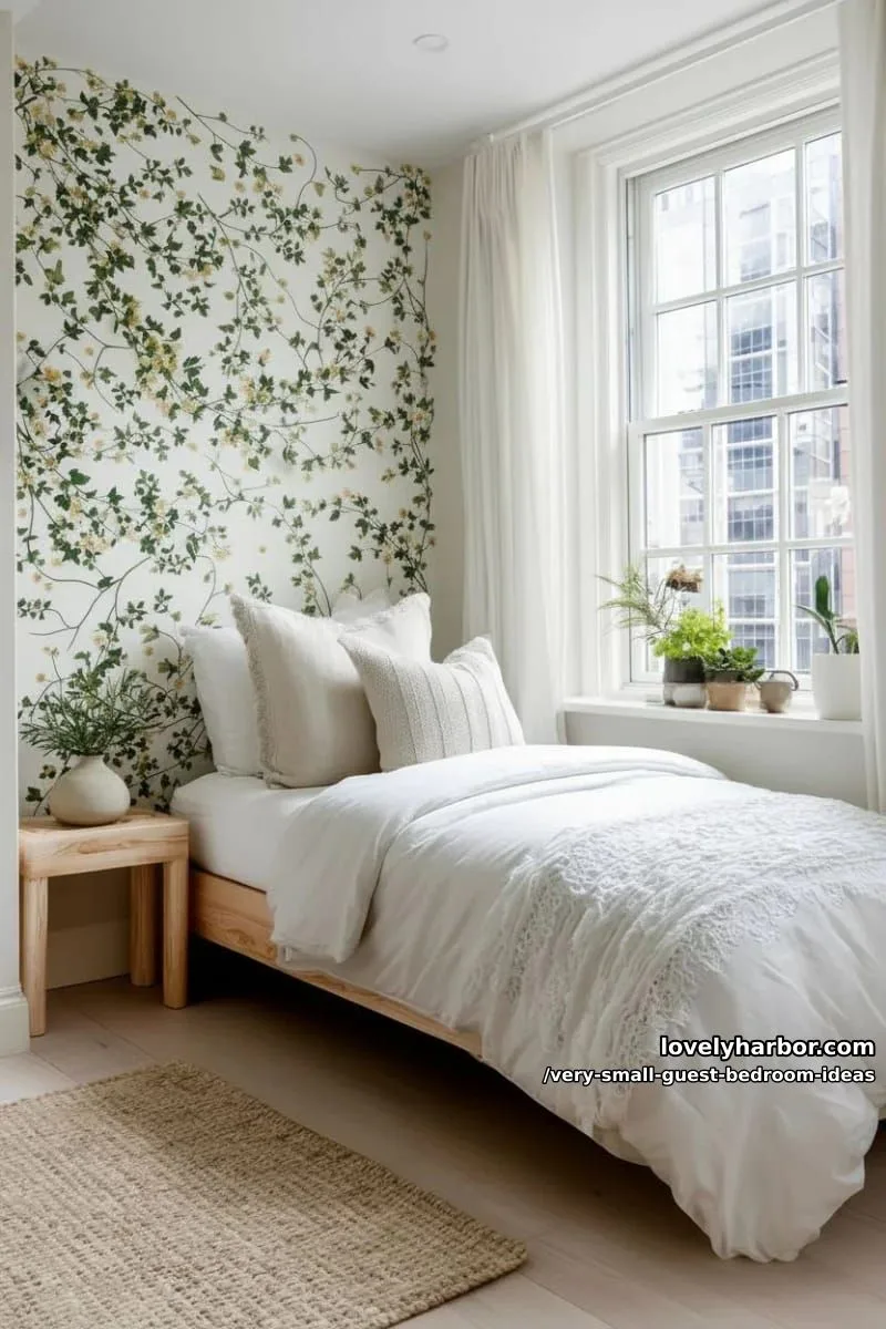 19 Very Small Guest Bedroom Ideas For A Welcoming Retreat 30 botanical wall decals above bed and layered sheer curtains 1