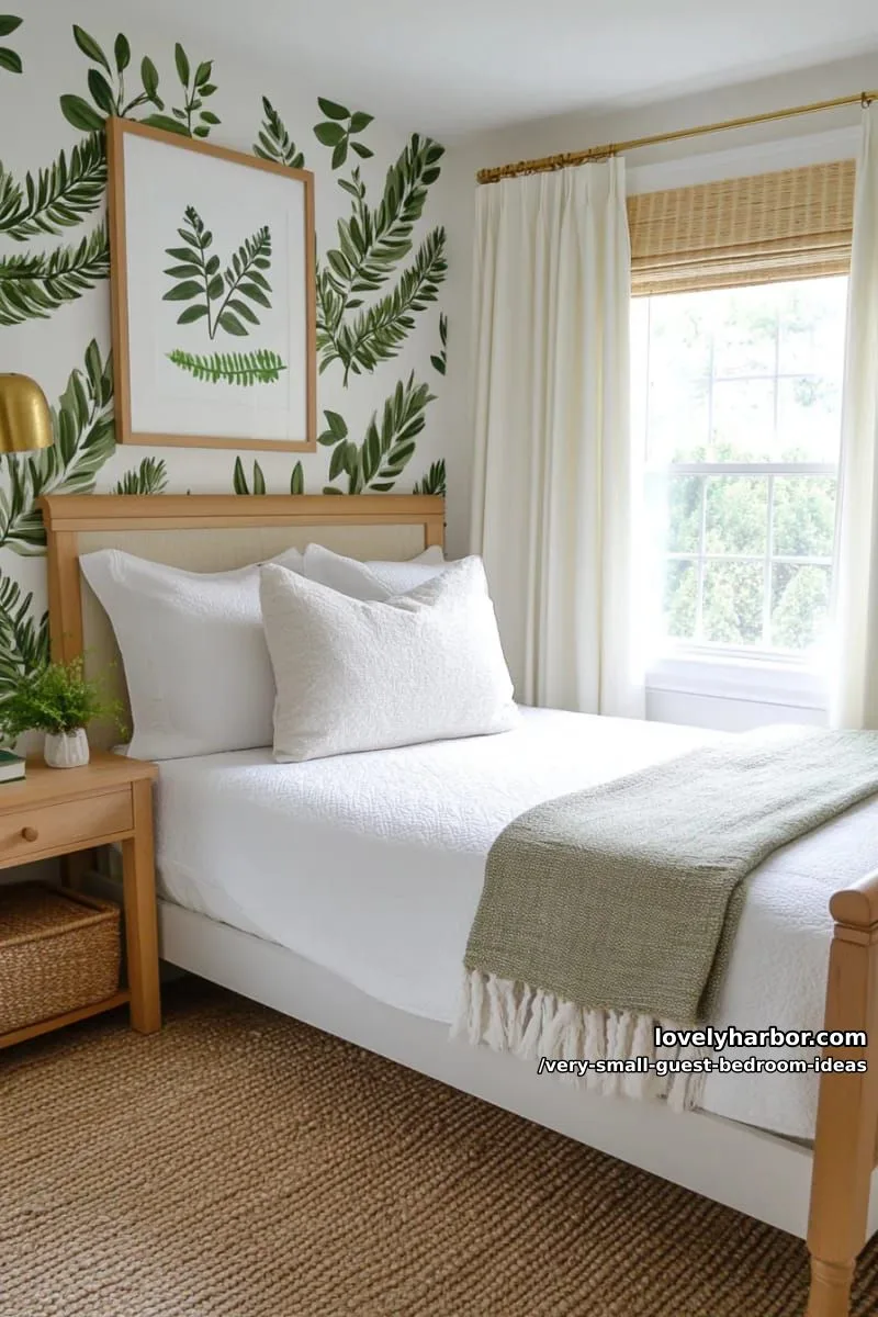 19 Very Small Guest Bedroom Ideas For A Welcoming Retreat 31 botanical wall decals above bed and layered sheer curtains 1