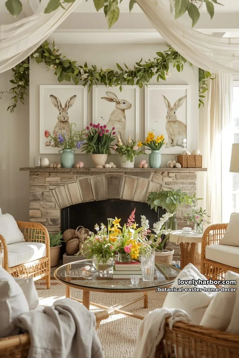 botanical watercolor bunny prints displayed above fresh spring flower arrangements 1