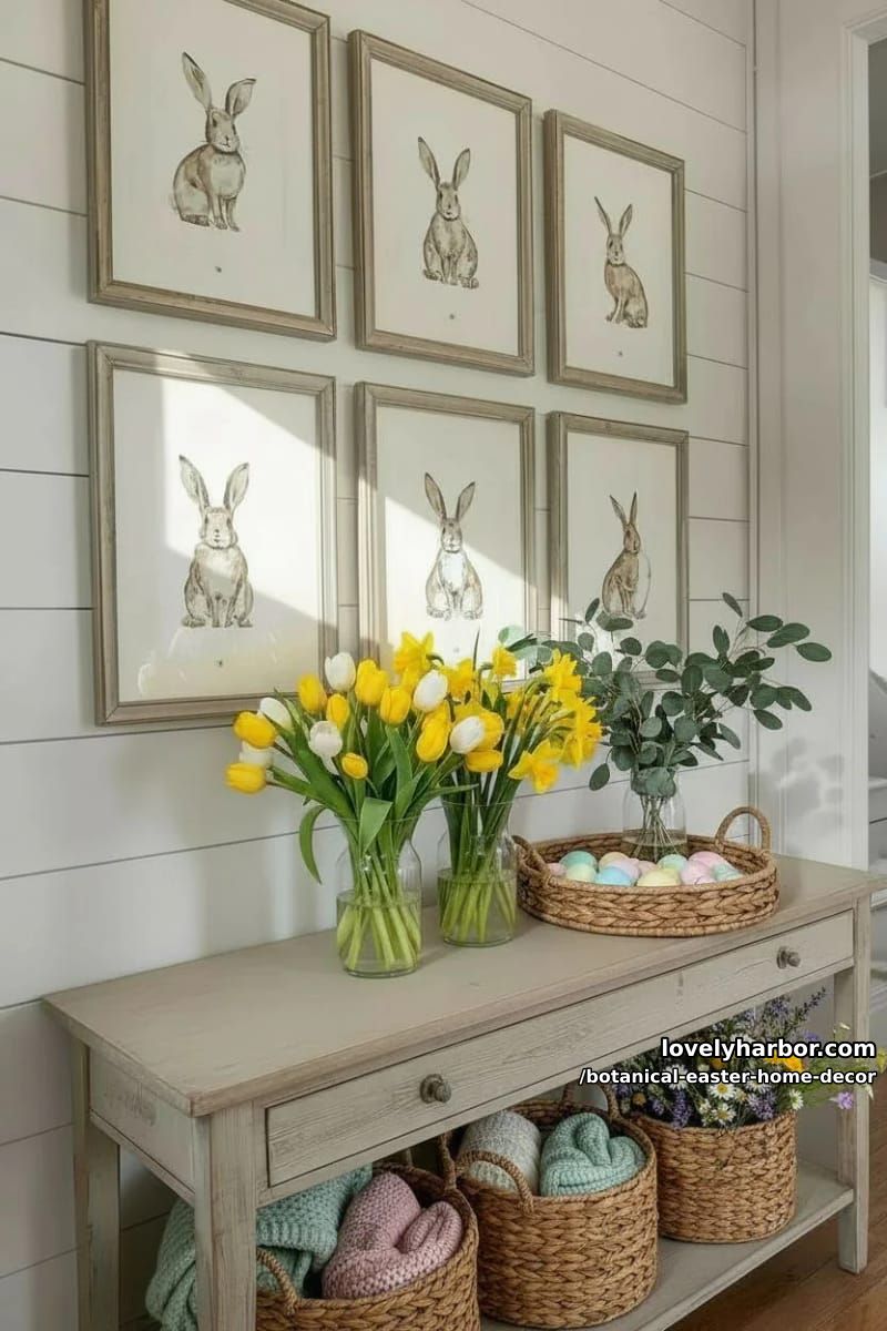botanical watercolor bunny prints displayed above fresh spring flower arrangements 1