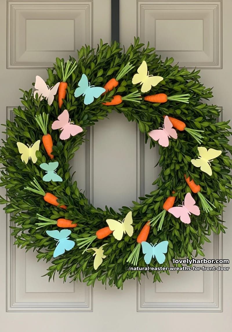boxwood wreath with mini carrots and pastel paper butterflies 1
